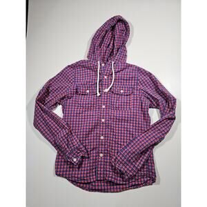 Hollister Men's Medium Red White Blue Shepard's Check Plaid Hoodie Shirt Cotton